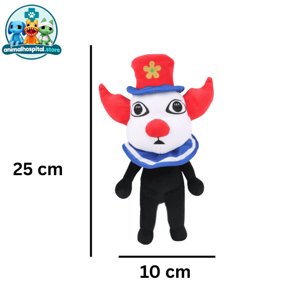 Clown plush toy with red hat and blue brim