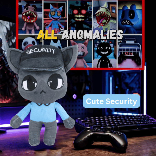 Security plush cat in a light blue security uniform