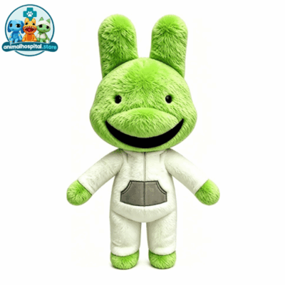 Green intern plush toy with white shirt and grey pocket. Animal hospital anomaly game plush toy roblox