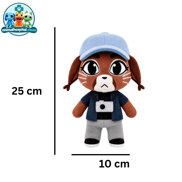 Liz brown dog plush in a blue cap with a camera