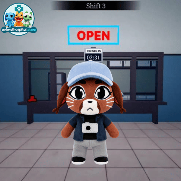 Liz brown dog plush in a blue cap with a camera