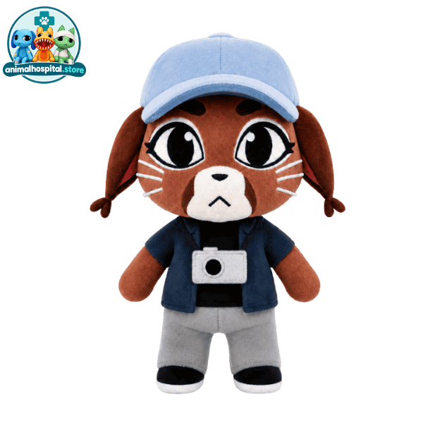 Liz brown dog plush in a blue cap with a camera