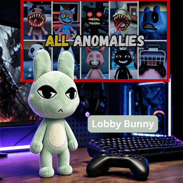 Lobby Bunny light green plush toy on display