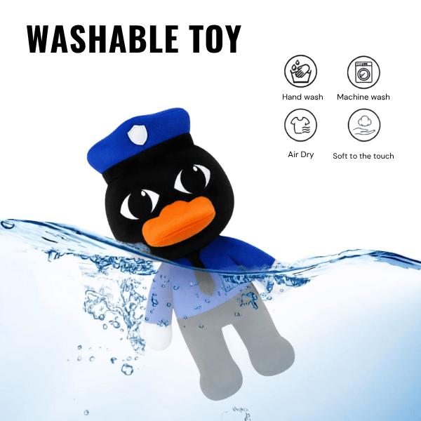 Officer Duckman black duck plush in blue police uniform