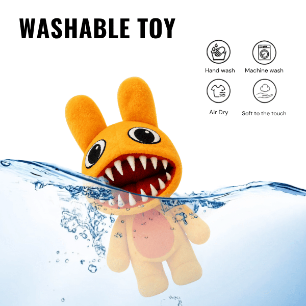 Orange Fang Anomaly orange rabbit plush with a toothy grin
