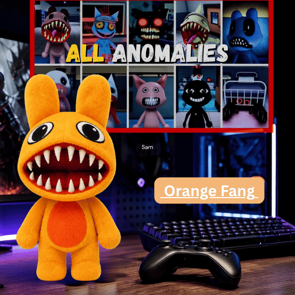Orange Fang Anomaly orange rabbit plush with a toothy grin