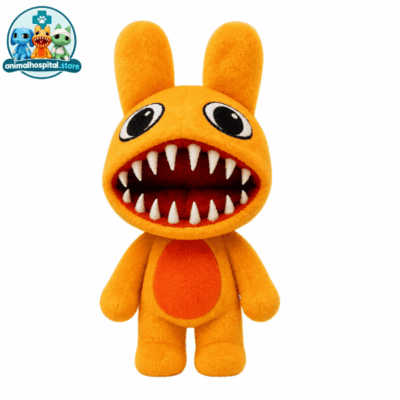 Orange Fang Anomaly orange rabbit plush with a toothy grin