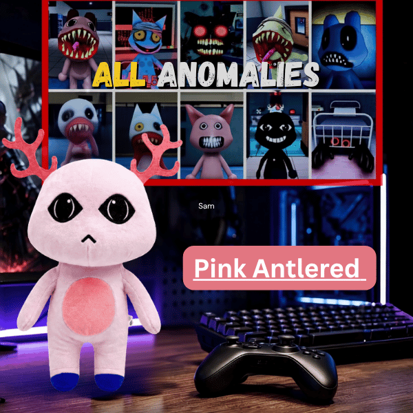 Pink Antlered (4) Pink Antlered Anomaly plush with pink antlers and blue feet