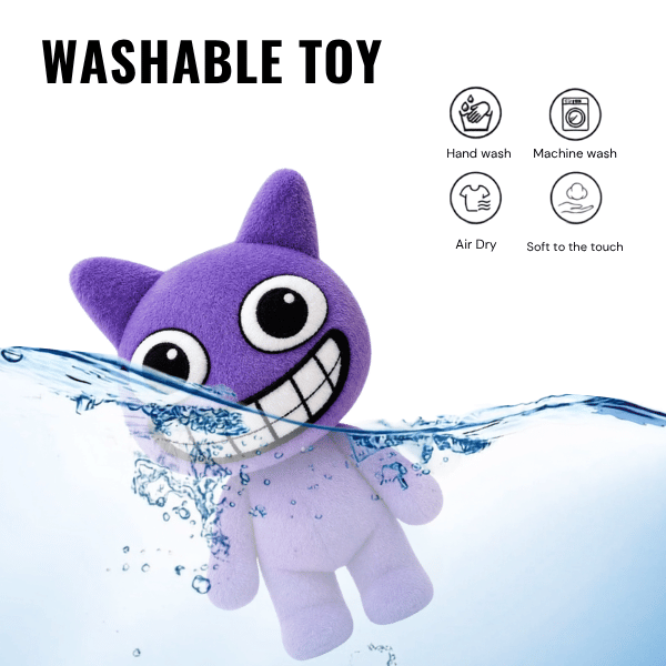 Purple Mismatched Anomaly plush toy with a wide grin