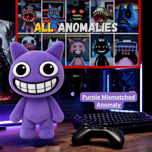 Purple Mismatched Anomaly plush toy with a wide grin