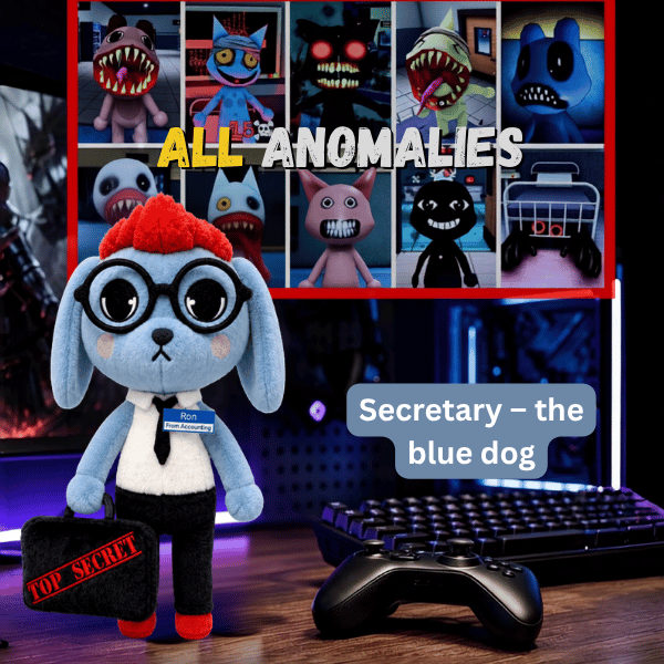 Secretary plush toy in a red cap with glasses and briefcase