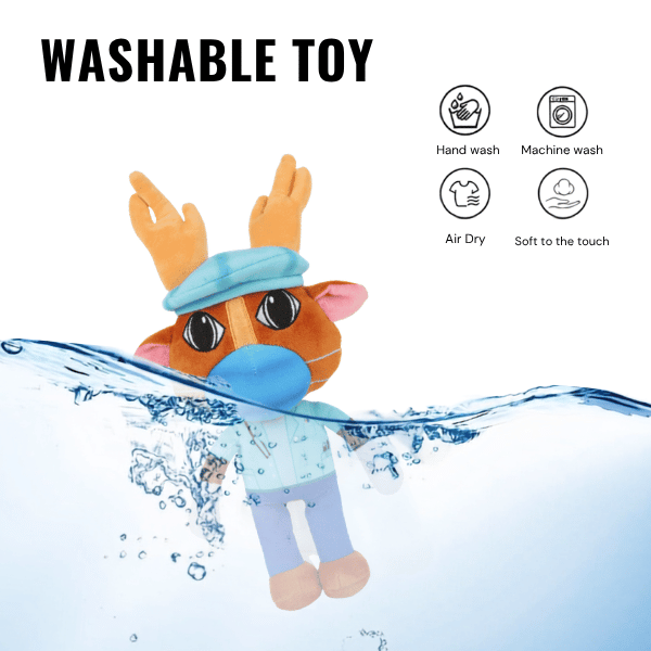 Surgeon plush deer in blue surgical scrubs and a mask