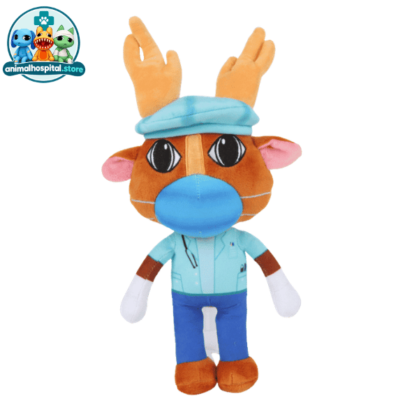 Surgeon plush deer in blue surgical scrubs and a mask