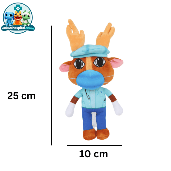 Surgeon plush deer in blue surgical scrubs and a mask